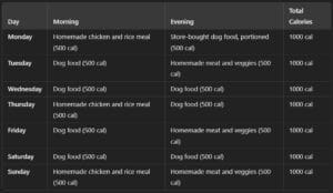 1000 Calories a Day Dog Food Chart